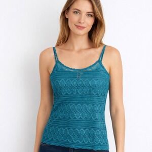 BKE Lace Mesh Sheer Camisole Tank Top Sz L Teal Boho 90s Coquette Retro Preppy